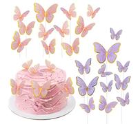 Classicseali 44pcs Butterfly Cake Decorations,Butterfly Cake Toppers,Gold-Foiled 3D Butterflies for Cakes Decorations, for Girls, Women's Birthday, Wedding, Party,Baby Shower Decoration, Purple,Pink