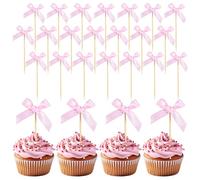 Classicseali 48pcs Cake Bows, Pink Bow Cupcake Toppers, Mini Bow Cupcake Toppers for Coquette Bows Theme Party Decoration Bachelorette Bridal Engagement Wedding Baby Shower Party Decor, Pink