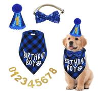 Classicseali Dog Birthday Decorations Boy, Dog Birthday Hat, Blue Pet Bandana Triangle Scarf Party Hat Dogs Bow Tie Collar with Numbers, for Large Medium Small Dogs Pets