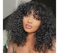 CLASSINE Curly Bob Wig Human Hair Short Kinky Curly Human Hair Wig with Bangs Human Hair Wig for Black Women Glueless None Lace Front Wig Human Hair Natural Black Color(14 Inch)