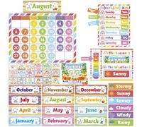 Classroom Calendar Bulletin Board Set, Seasons Weather Days of the Week Chart with Velcro Dots Stickers for Colorful Classroom Decoration (New Rainbow)