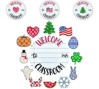 Classroom Door Sign Interchangeable Wooden Welcome Sign for Classroom with Seasonal Replaceable Ornaments for Halloween Thanksgiving Valentine's Day