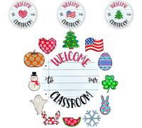 Classroom Door Sign, Interchangeable Wooden Welcome Sign for Classroom with Seasonal Replaceable Ornaments for Halloween Thanksgiving DecorClassroom Door
