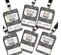Classroom Hall Passes for Elementary, 6 Pcs Composition Notebook Unbreakable Bathroom Pass Lanyard Set for Middle High School Student, Wooden Teacher Supplies for Hallway Restroom Library Office