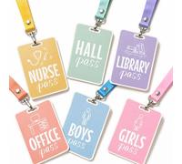 Classroom Hall Passes for Elementary, 6 Pcs Pastel Unbreakable Bathroom Pass Lanyard Set for Middle High School Student, Wooden Teacher Supplies for Hallway Restroom Library Office and Nurse