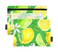 Classroom Pencil Pouch 3 Ring Binder Zipper Binder Pencil Bag Pen Soft Clear Binders Pen Case School Sliced Yellow Lemons Limes Green 9.8" x 7.1", 2 Packs