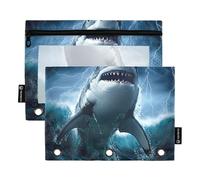 Classroom Pencil Pouch 3 Ring Binder Zipper Binder Pencil Bag Pen Storage Clear Binders Pen Case School White Shark Stormy Ocean Waves 9.8" x 7.1", 2 Packs