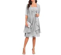 Classy 2 Pieces Mother of The Bride Dresses for Wedding Tea Length Silver Chiffon Mother Groom Dresses with Sleeves Jacket UK14
