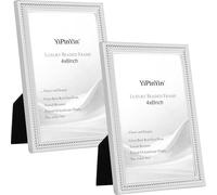 Classy Silver Plated 4x6'' Picture Frame 2 Pack,6x4'' Beaded Metal photo Frames with Real Glass & Velvet Backing,Hi End Classy Silver Frame 6x4'' for Tabletop Display or Wall Mounting