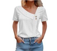 Classy Tops for Women UK Clearance Eyelet Embroidery Tees Asymmetric V Neck Ladies Tops Short Sleeve Dressy Casual Outfits Work Clothes Women's Summer Tops Ladies Top Loost Fit Casual Blouse