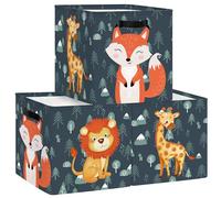 Clastyle 3 pcs Cute Animals Kids Cube Storage Unit Boxes Leaf Storage Baskets for Shelves Boys Girls Nursery Hamper Basket Book Clothes Toy Box Organizer,Fox Lion Giraffe,11.8x11.8x11.8 in