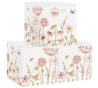 Clastyle 3 pcs Flower Women Cube Storage Unit Boxes Foldable Storage Baskets for Shelves Ladies Girls Nursery Hamper Basket Book Clothes Toy Box Organizer,Pink Wildflower