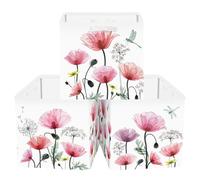 Clastyle 3 pcs Flowers Cube Storage Unit Boxes Foldable Kallax Box for Shelves Parents Storage Baskets for Book Clothes Toy Organizer,Red Poppy,11.8x11.8x11.8 in