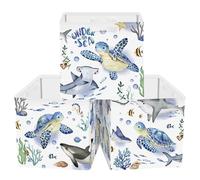 Clastyle 3 pcs Ocean Animals Cube Storage Unit Boxes Foldable Kallax Box for Shelves Parents Storage Baskets for Book Clothes Toy Organizer, Turtle, 11.8x11.8x11.8 in