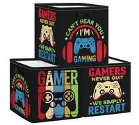 Clastyle 3 pcs Video Game Kid Cube Storage Unit Boxes Gamepad Storage Baskets for Shelves Boy Nursery Hamper Basket Book Clothes Toy Box Organizer, Motivational Words, 11.8x11.8x11.8 in