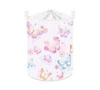 Clastyle 45L Large Purple Pretty Butterfly Kid Girl Laundry Hamper with Handle Collapsible Pink Flowers Clothes Toy Storage Basket with Lid for Nursery