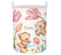 Clastyle 45L Pink Tulip Bear Kids Laundry Hamper Bin Round Flower Toys Storage Baskets for Nursery Room, 14.2x17.7 in