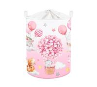Clastyle Dreamy Hot Air Balloon Pink Flower Laundry Hamper for Girl Sleeping Elephant Round Toy Clothes Storage Basket for Nursery Room, 36x45 cm