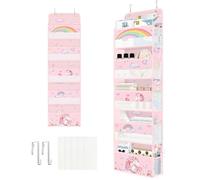 Clastyle Pink Unicorn Over The Door Organizer with 5 Pockets Rainbow Nursery Hanging Storage Organizer for Kids Clothes Diaper Toy Cloud Closet Door Hanging Shelf Storage for Bedroom Bathroom Pantry
