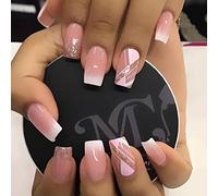 Clataly 24 Pcs Butterfly Stars Gradual Fake Nails Nude Pink False Nails Rhinestone Flowers Press on Nails Full Cover Fake Nails for Women and Girls (E)