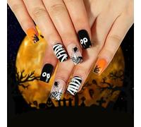 Clataly 24 Pcs Halloween Fake Nails Spider Web Ghosts Moon Cross Skeleton Artificial Nail Press on Nails for Women Girls (A)