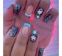 Clataly 24 Pcs Halloween Fake Nails Spider Web Ghosts Moon Cross Skeleton Artificial Nail Press on Nails for Women Girls (B)