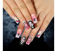 Clataly 24 Pcs Halloween False Pink Gradient Love Pumpkin Cobweb Skull Fake Press On False Nails