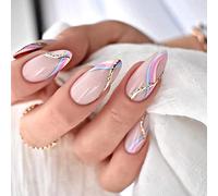 Clataly 24 PCS Moon Stars Fake Love Heart Pearl Wave Acrylic False Press on Pointed Artificial False Nails for Women Girls (A)