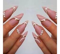 Clataly 24 PCS Moon Stars Fake Nail Love Heart Pearl Wave Acrylic Press on Nails Pointed Artificial False Nails for Women Girls (C)
