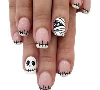 Clataly 24 Pcs Mummy Skeleton Halloween Pumpkin Cartoon Fun Stars Moon Press On False Nails (B)
