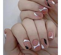 Clataly 24 Pcs Short Pink Gradient Fake Nails Square Glossy Press on Nails Black White Acrylic Nails Cute Nude Pink False Nails for Women Girls (F)