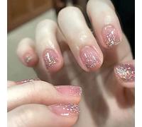 Clataly 24 Pcs Short Pink Gradient Fake Nails Square Glossy Press on Nails Black White Acrylic Nails Cute Nude Pink False Nails for Women Girls (D)