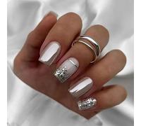 Clataly 24 Pcs Square Nail Silver Glitter Powder Fake Nails Press on False Nails Daily Wear Artificial Nails for Women and Girls