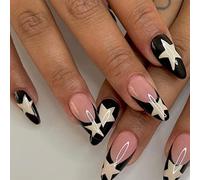 Clataly 24 Pcs White Star Ripple Fake Nails Acrylic Press on Nails Funny Nude Pink False Nails Full Cover Nails for Women and Girls (A)