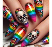 Clataly 24 Pieces Halloween Rainbow Striped Rose Flowers Skull Press Nail Set for Women