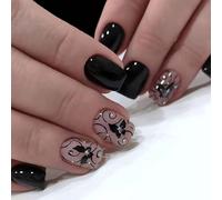 Clataly 24Pcs Black Vine False Nails Dark Butterfly Design Fake Nails Rhinestone Press On Nails for Women (A)