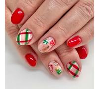Clataly 24Pcs Christmas Press on Nails Short Oval Cute Cartoon Santa Claus Elk Candy Acrylic Nails Christmas Tree False Nails (B)