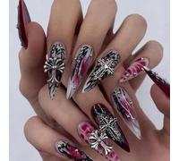 Clataly 24Pcs Halloween Press on Nails French Style Purple Flame Halo with Cross Spider 3D Decoration Fake Nails for Women (A, 24)