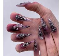 Clataly 24Pcs Halloween Press on Nails French Style Purple Flame Halo with Cross Spider 3D Decoration Fake Nails for Women (B, 24)