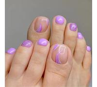 Clataly 24pcs Square Flowers Fake Toenails Glossy Glitter Press on Toe Nails Short Acrylic False Toes Nails Artificial Toenail for Women Girls (E)