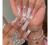 Clataly 24Pcs White Flower Long Coffin Nail Shining Rhinestones French Fake Nails Press on Nails Ballet False Nails for Women Girls (E)