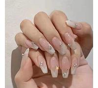 Clataly 24Pcs White Flower Long Coffin Nail Shining Rhinestones French Fake Nails Press on Nails Ballet False Nails for Women Girls (D)