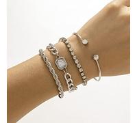 Clataly 4 PCS Hip Hop Crystal Bangle Bracelets Fashion Stacking Hand Accessories Jewelry for Women and Girls (Silver)