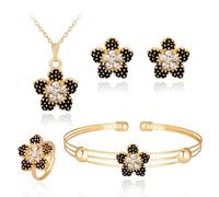 Clataly 4Pcs Lucky Crystal Flower Set Gold Necklace Earrings Ring Bracelets Jewelry Five Leaf Clover Accessories Gifts for Women Girls