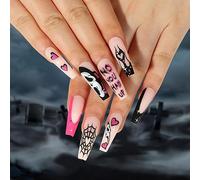 Clataly Halloween Demon Pumpkin Ghost Bloody Heart Flowing Clown Fake Nails Stars Moon Artificial Nails Press On False Nails (E)