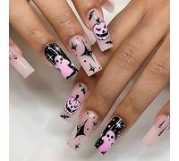 Clataly Halloween Demon Pumpkin Ghost False Nails Bloody Heart Flowing Clown Fake Nails Stars Moon Artificial Nails Press On False Nails (D)