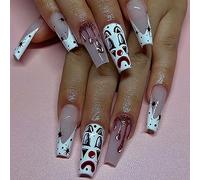 Clataly Halloween Demon Pumpkin Ghost False Nails Bloody Heart Flowing Clown Fake Nails Stars Moon Artificial Nails Press On False Nails (B)