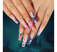 Clataly Halloween Demon Pumpkin Ghost False Nails Bloody Heart Flowing Clown Fake Nails Stars Moon Artificial Nails Press On False Nails (A)