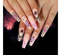 Clataly Halloween Demon Pumpkin Ghost False Nails Bloody Heart Flowing Clown Fake Nails Stars Moon Artificial Nails Press On False Nails (F)