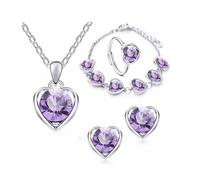 Clataly Heart Crystal Necklace Earrings Bracelet Ring Set Love Pendant Necklace Jewelry for Women and Girls (Purple)